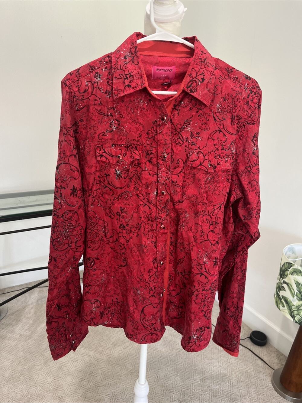Women XL Snap Front Top Shirt Cowgirl Red Floral Sparkle Floral Western Collared
